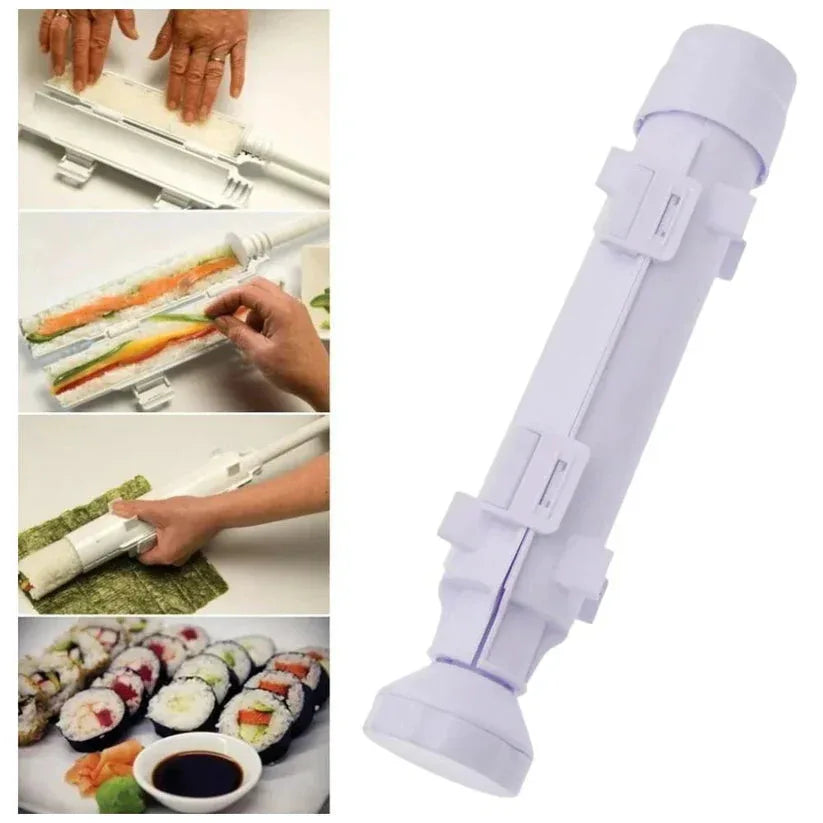 Sushi rolling machine with step-by-step usage instructions and finished sushi rolls.

