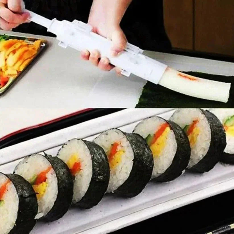 Person using a sushi rolling tool to make sushi rolls on a tray.

