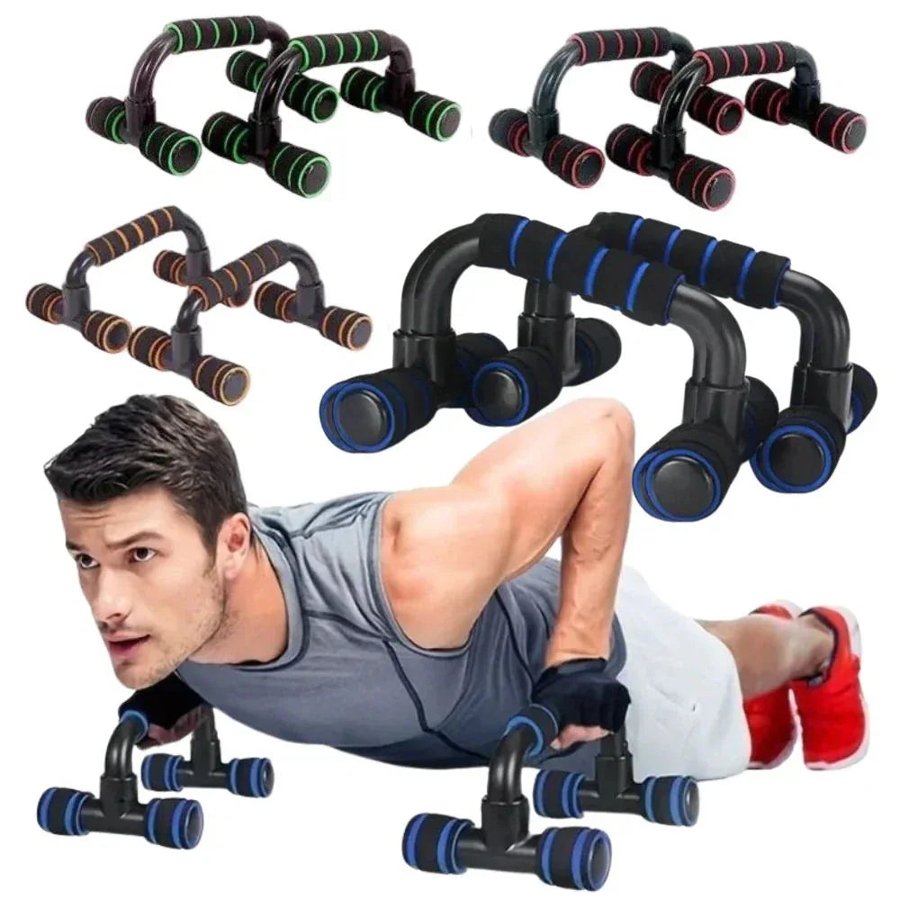 Man doing push-ups with multiple push-up stands on a white background


