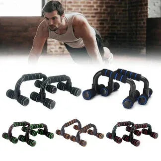 Set of push-up stands with a blurred background of a person exercising.

