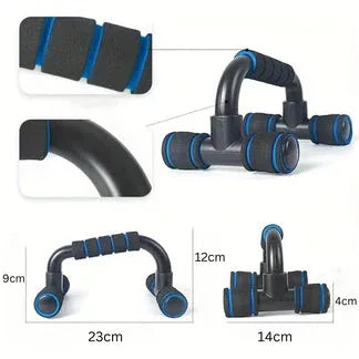 Black and blue push-up handles with measurements on a white background

