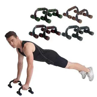 Man exercising with a push-up bar on a white background, with inset images of the push-up bar.

