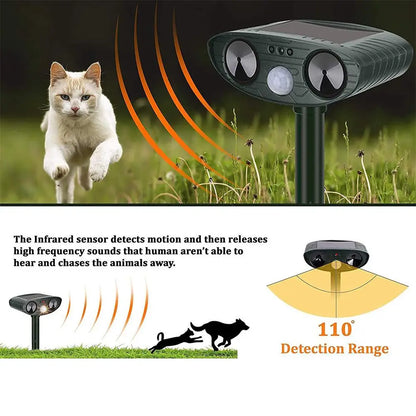 Solar-powered animal repeller with cat and dog illustrations showing its detection range and function.

