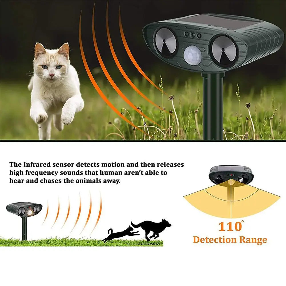 Solar-powered animal repeller with cat and dog illustrations showing its detection range and function.

