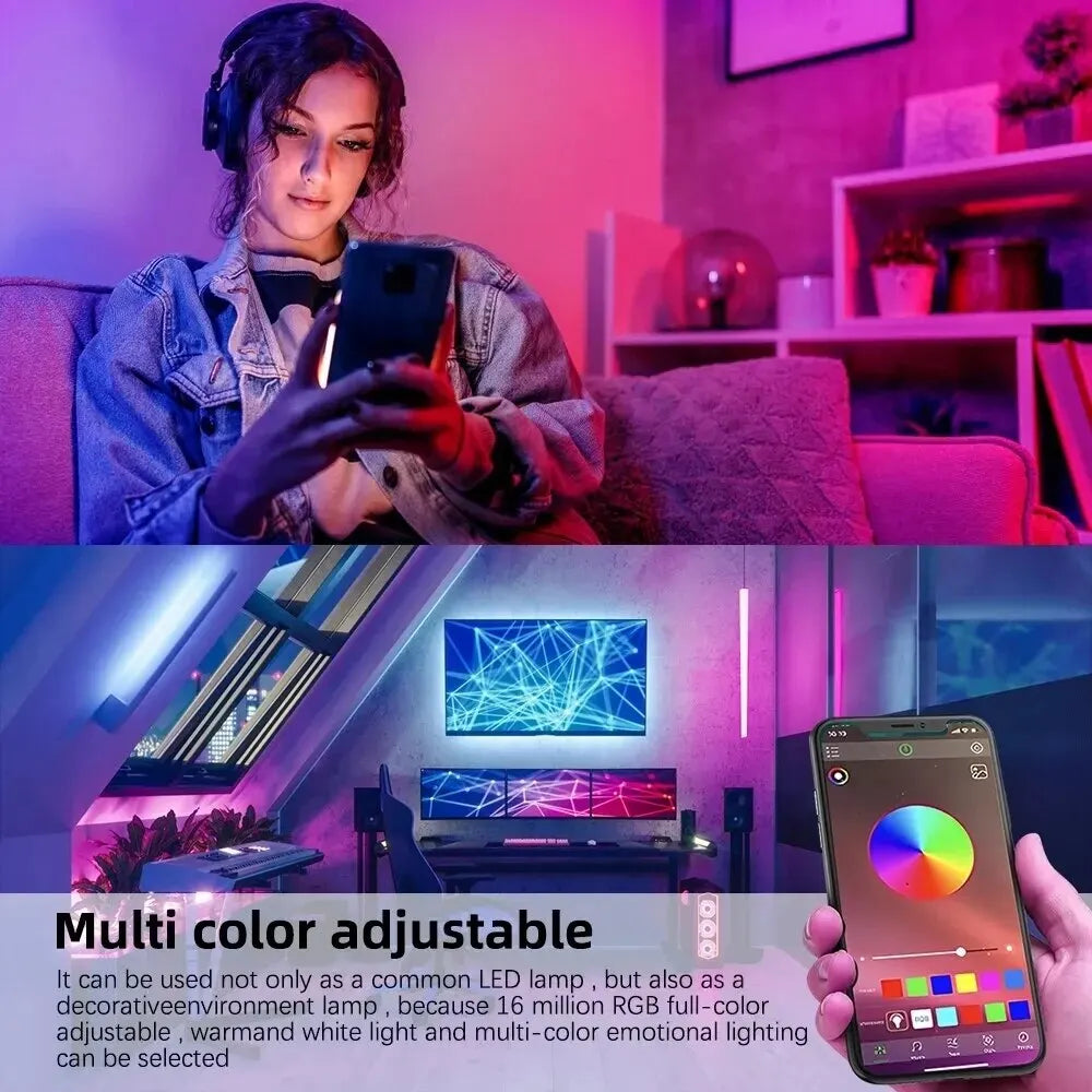 Person using a smartphone with a colorful LED light in a room, showing RGBW color adjustment on phone.

