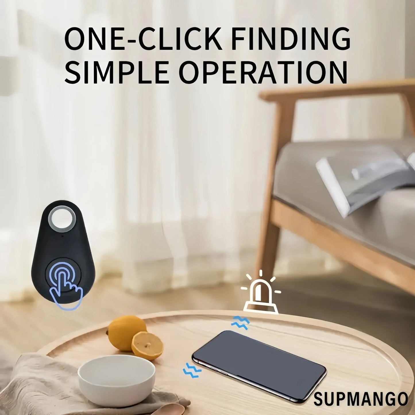 Supmango device on a table with text 'One-Click Finding Simple Operation' in a home setting.

