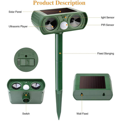 Green solar-powered animal deterrent with labeled parts on a white background

