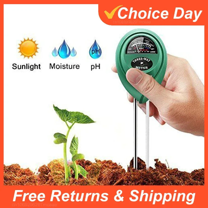 Hand holding a soil pH meter with plant and soil illustration, 'Choice Day' text, and promotional text.

