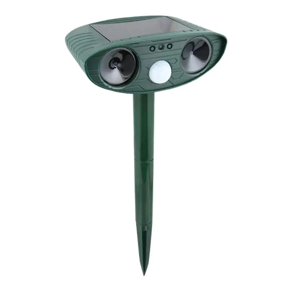 Green solar-powered pest control device with a spike on a white background

