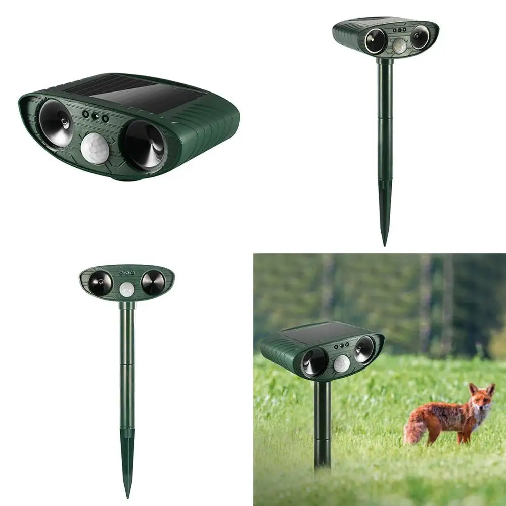 Solar-powered pest control device with a fox in a natural setting

