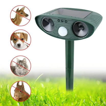 Solar-powered device on a grassy background with insets of animals it repels.

