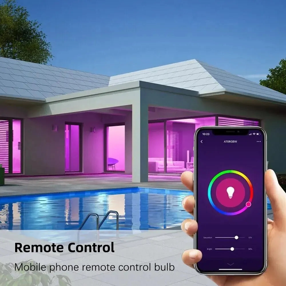 Smartphone app controlling a smart bulb with a modern house and pool in the background


