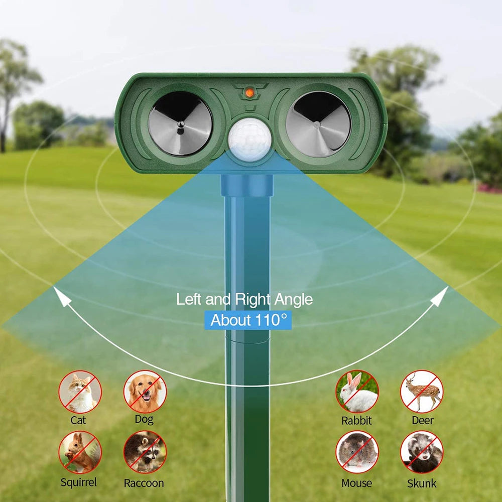 Animal repellent device with a green background showing different animals it repels.

