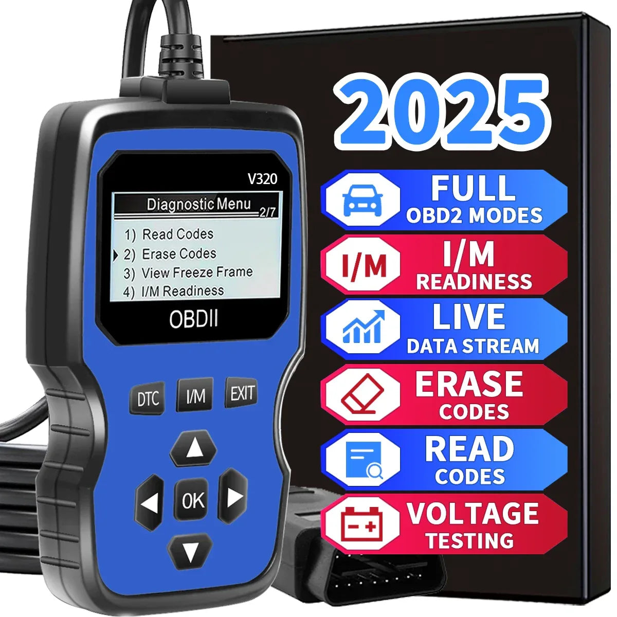 Car diagnostic tool with features highlighted on a black background

