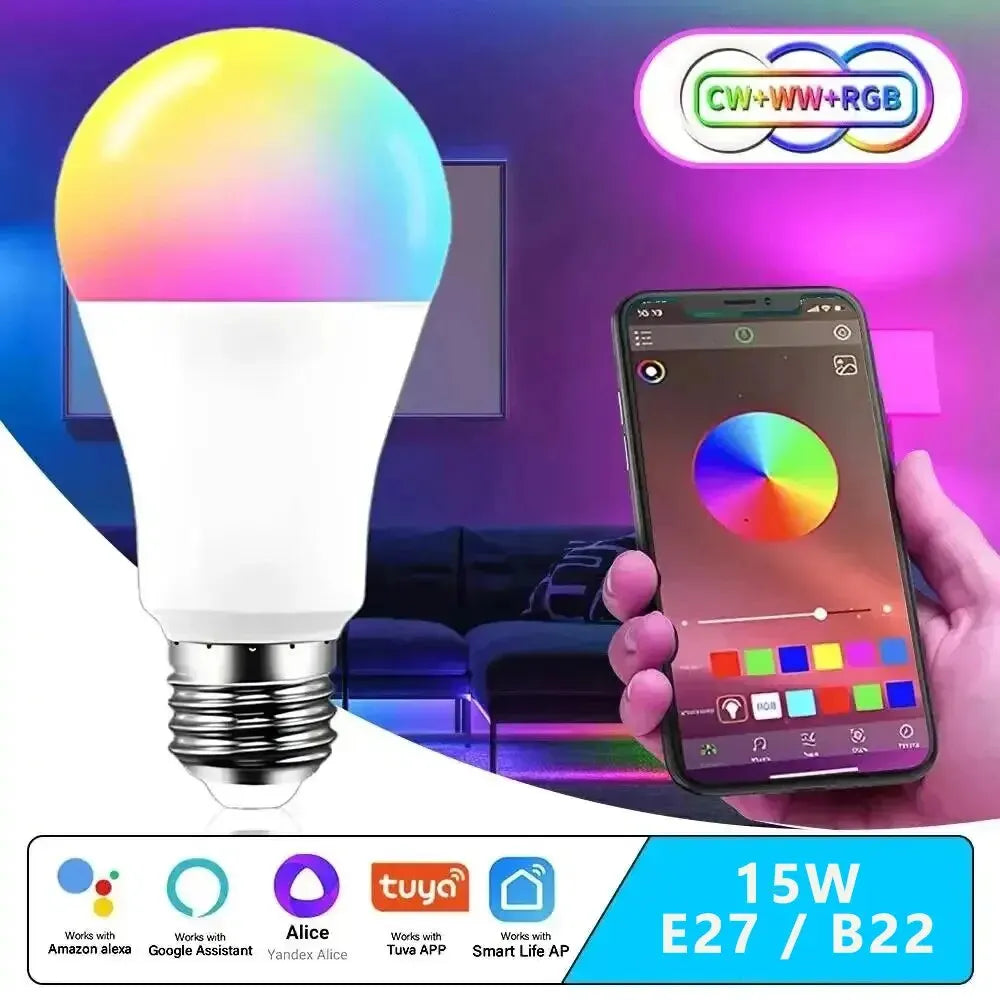Smart light bulb with color-changing capabilities and a smartphone app interface, featuring compatibility logos.

