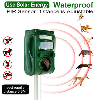 Insect repeller with solar energy and adjustable PIR sensor on a white background


