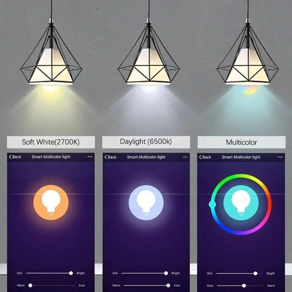 Three pendant lights with different color temperature options displayed on a smartphone app interface.

