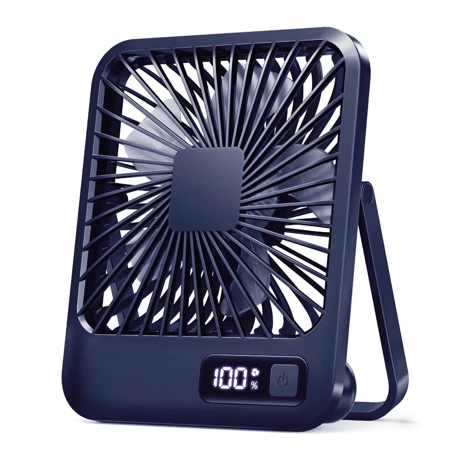 Navy blue portable fan with digital display on a white background

