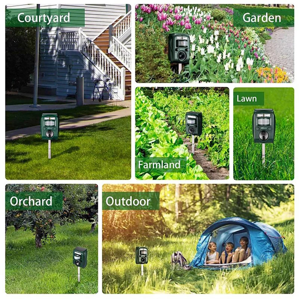 Collage of a motion sensor camera in various outdoor settings including a courtyard, garden, lawn, farmland, orchard, and outdoor area with a tent.

