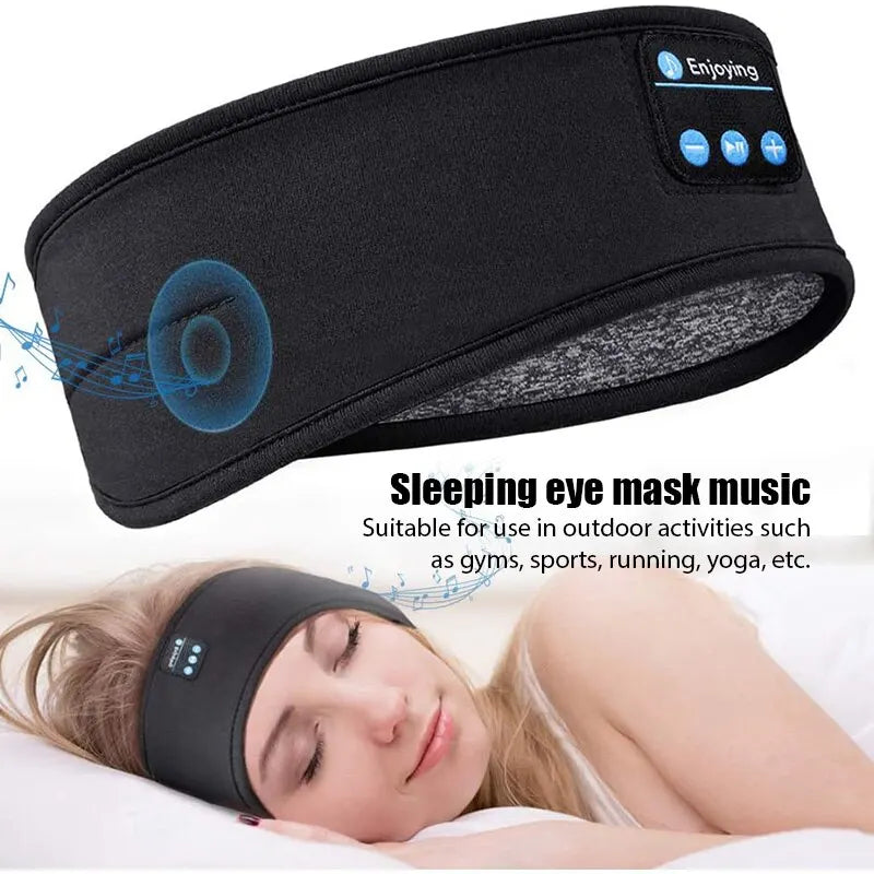 Black sleeping eye mask with Bluetooth control panel on a white background, suitable for outdoor activities.

