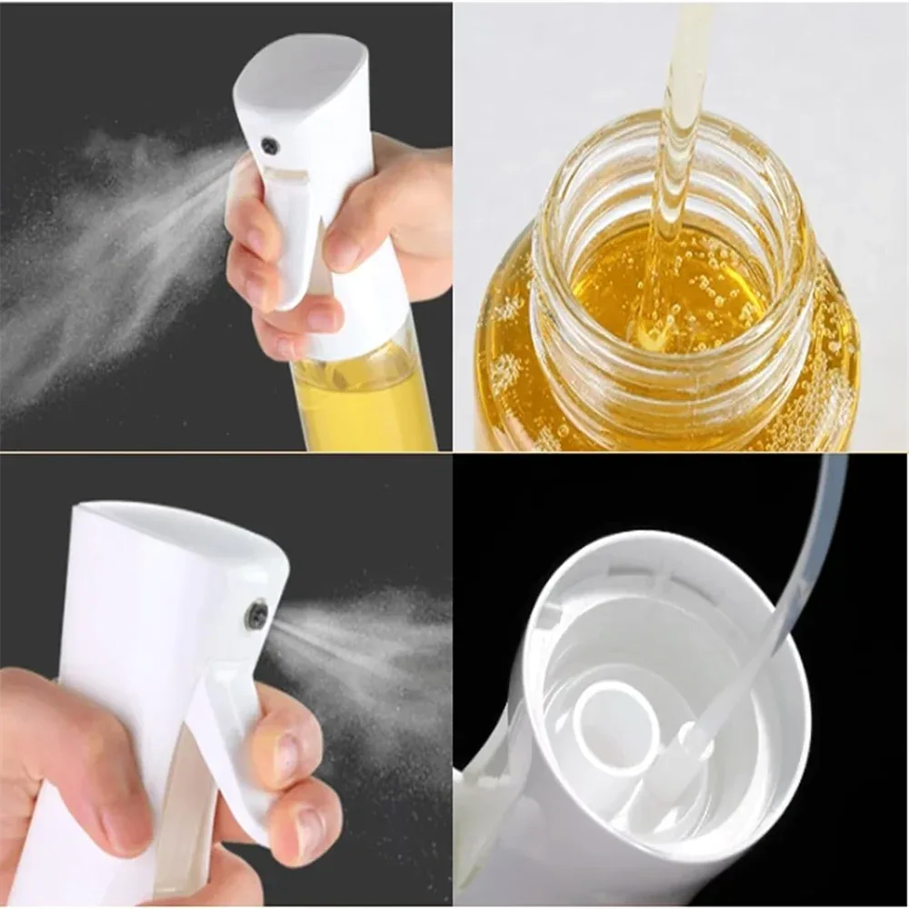 Collage of a white spray bottle with mist being released, honey being poured into a jar, and close-up views of the bottle's interior.

