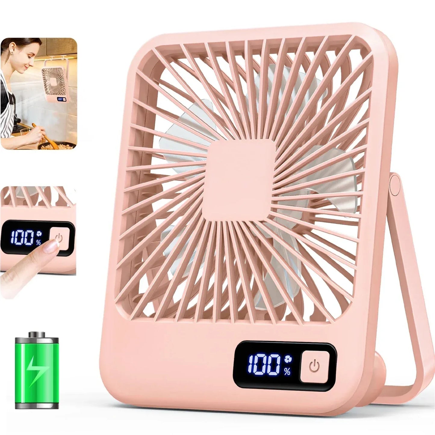 Pink portable fan with digital display and charging indicator on a white background

