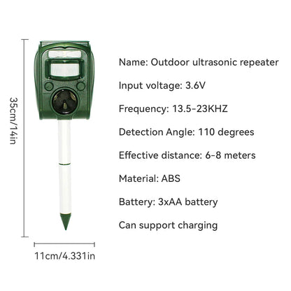 Outdoor ultrasonic repeater with specifications on a white background

