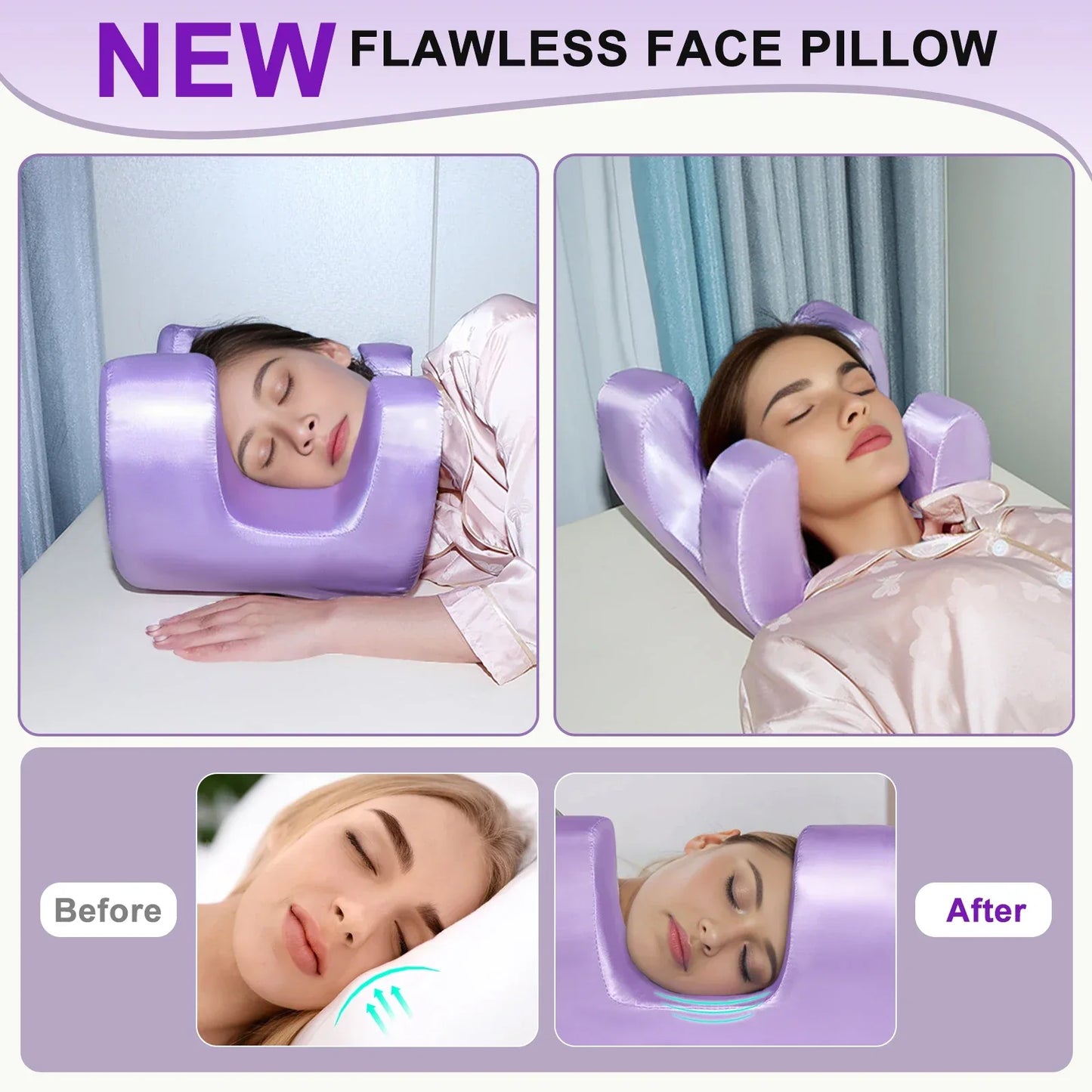 Flawless Face Pillow with before and after effects on a woman's face

