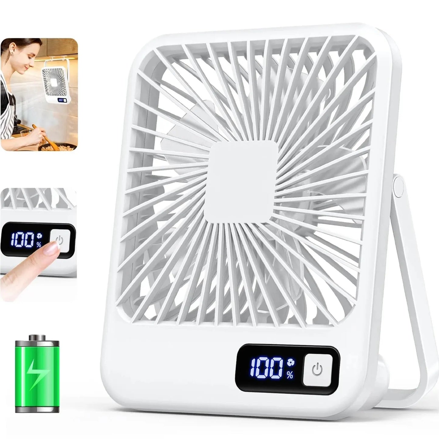 Portable fan with digital display and charging indicator on a white background

