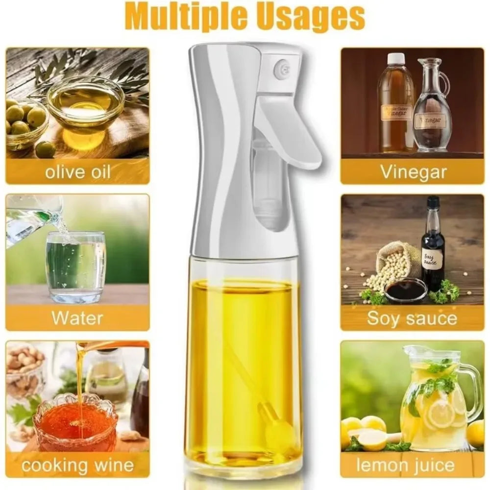 Spray bottle with oil being sprayed, surrounded by images of various liquids and food items.

