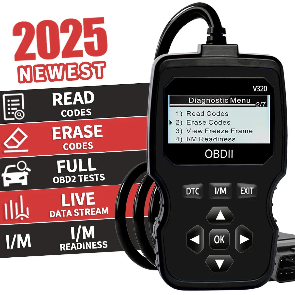 Car diagnostic tool with digital display and branding text on a white background

