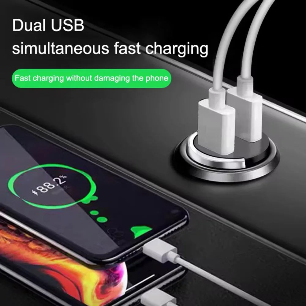 Dual USB charging station with smartphone displaying battery charge on a black background

