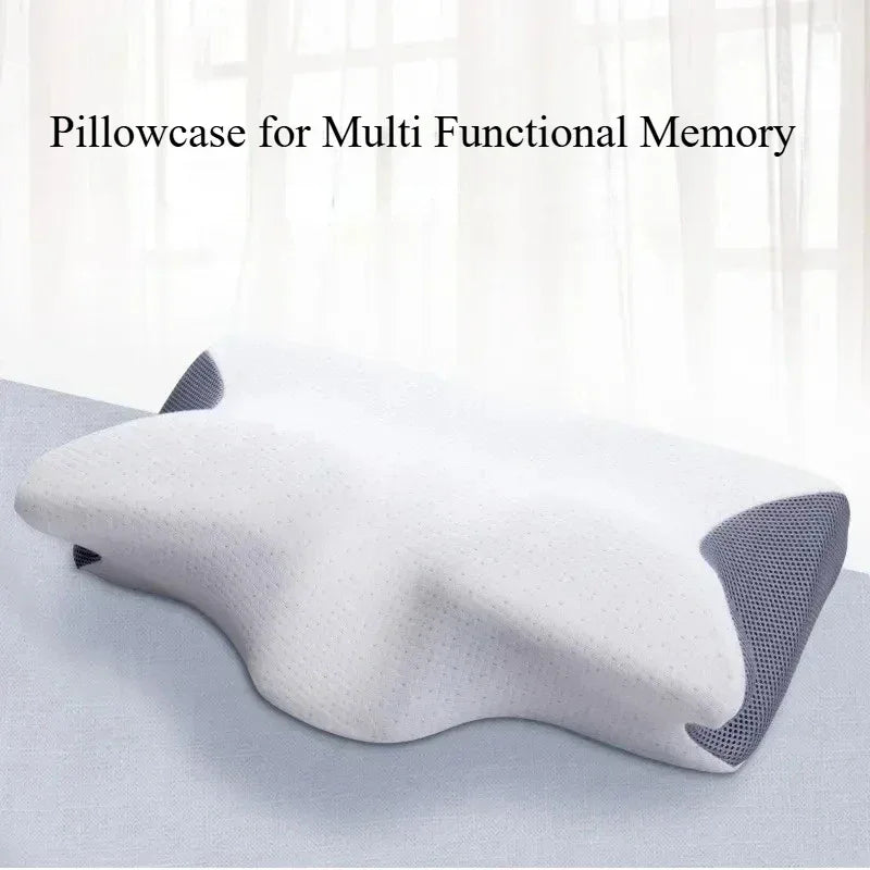 White pillow with mesh sides on a light background, labeled 'Pillowcase for Multi Functional Memory'.

