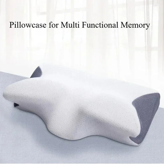White pillow with mesh sides on a light background, labeled 'Pillowcase for Multi Functional Memory'.

