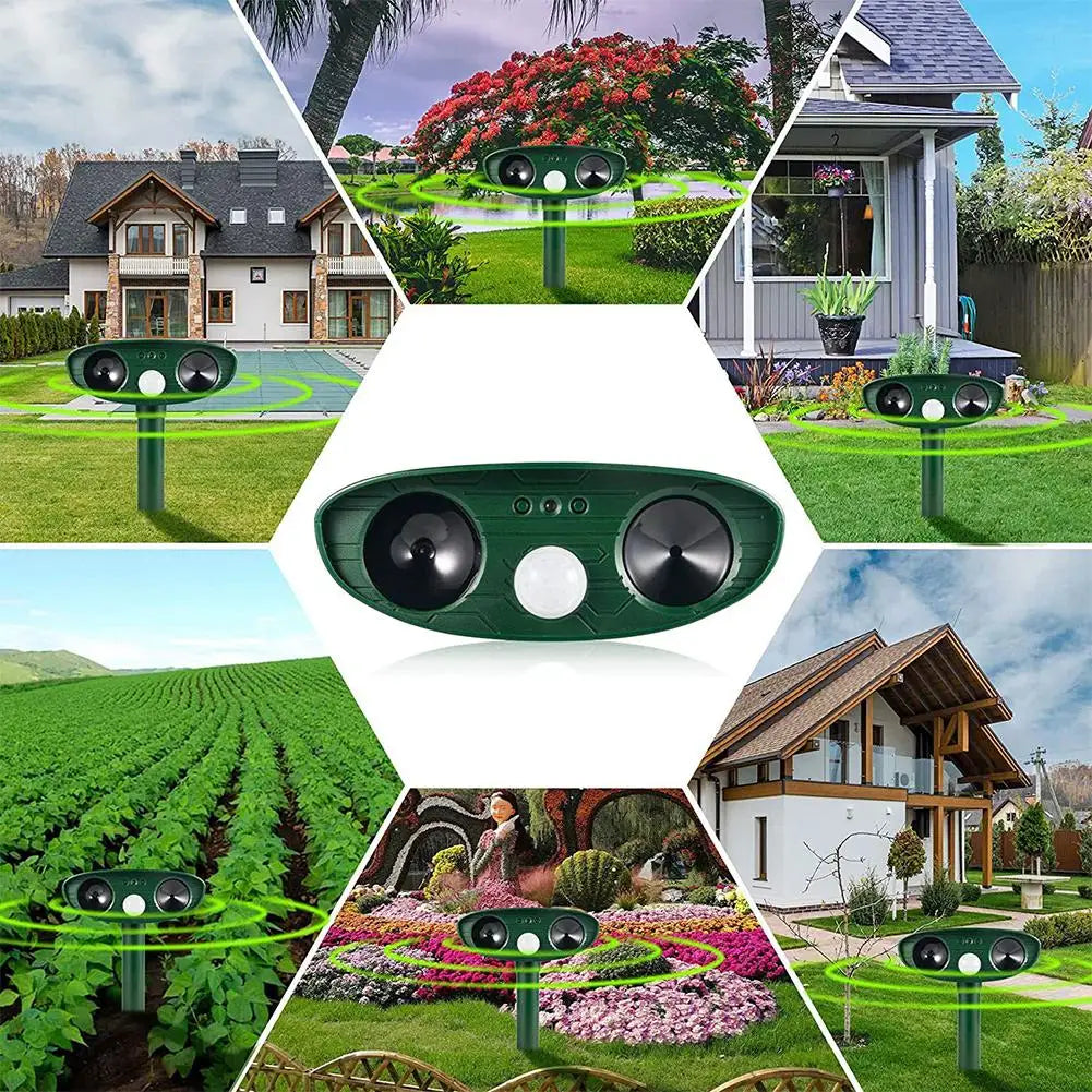 Collage of a green pest control device in various outdoor settings.

