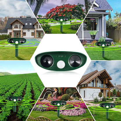 Collage of a green pest control device in various outdoor settings.


