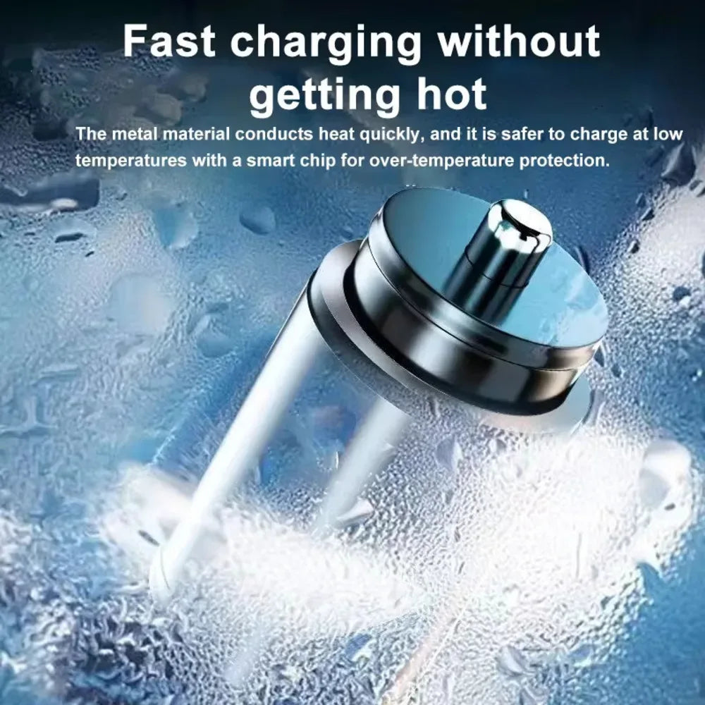 Metallic device with charging feature on a blue and white background

