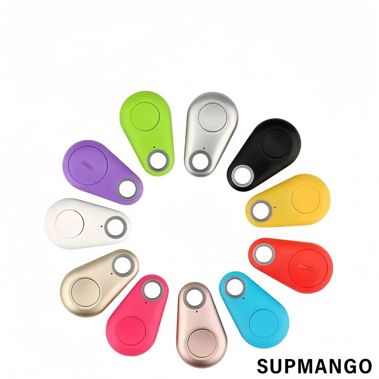 Colorful smart tracking devices arranged in a circle on a white background with 'SUPMANGO' branding.

