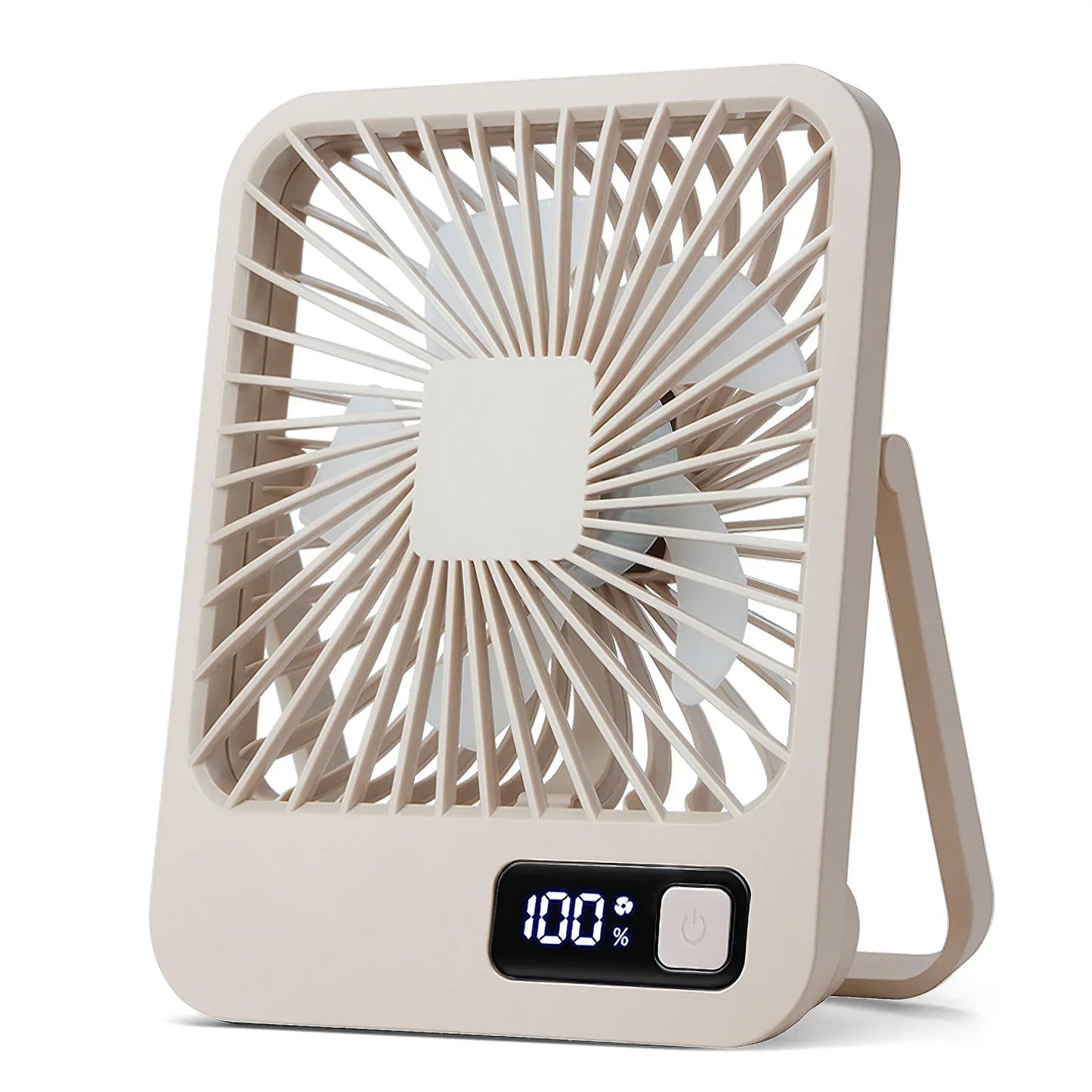 Beige portable fan with digital display on a white background

