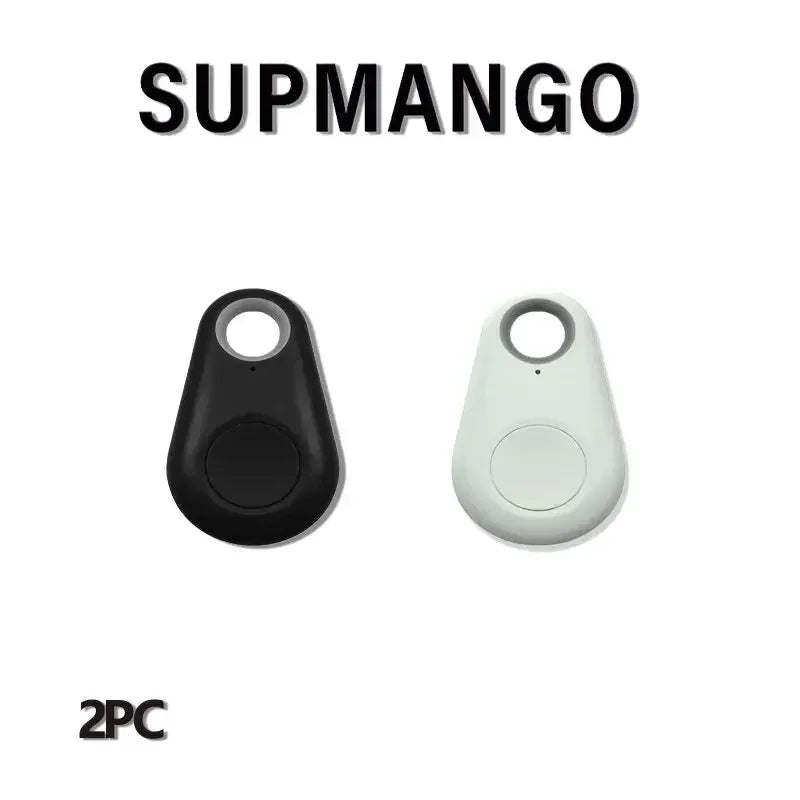 Two wireless device trackers, one black and one white, on a white background with 'SUPMANGO' branding.

