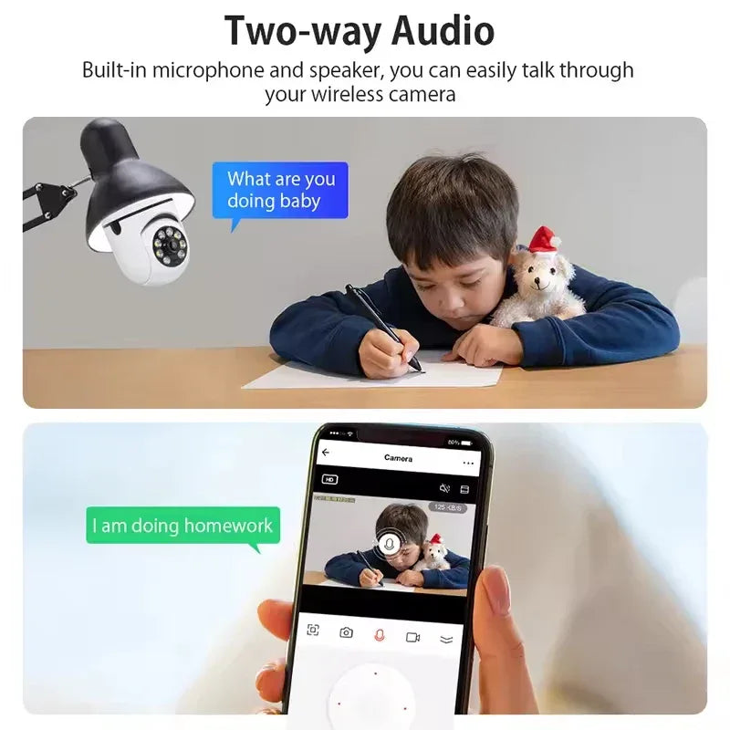 Child using a camera with two-way audio feature, showing smartphone screen and child at desk.

