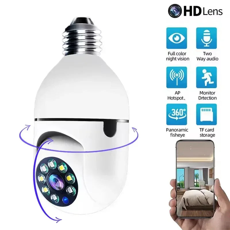 Smart light bulb with camera features and smartphone app display on a white background

