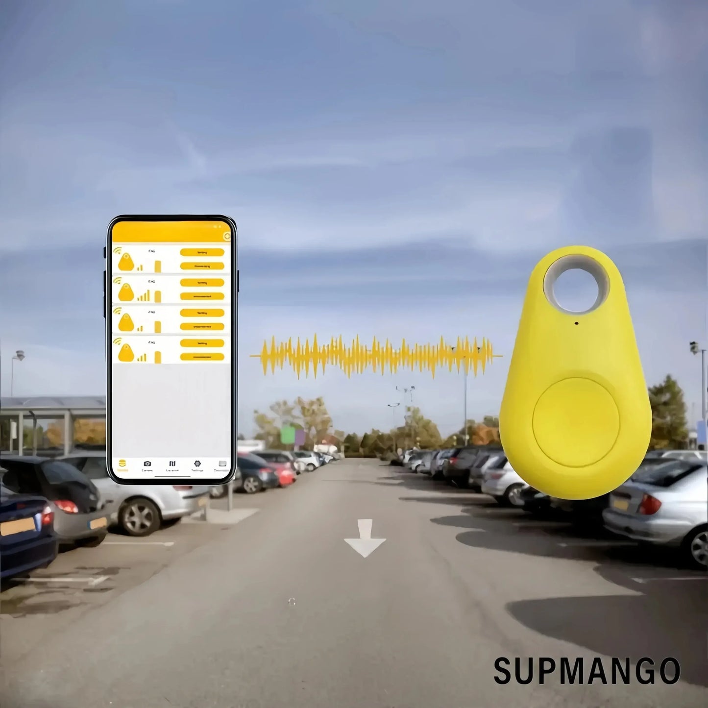 Yellow device with app interface on smartphone screen in a parking lot, SUPMANGO brand visible

