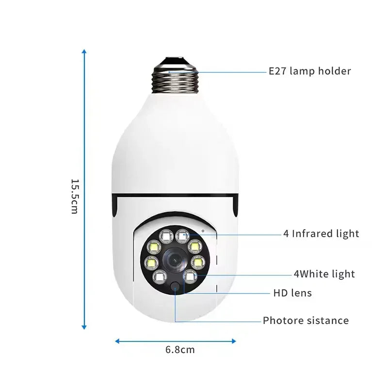 Smart light bulb with labeled features and dimensions on a white background


