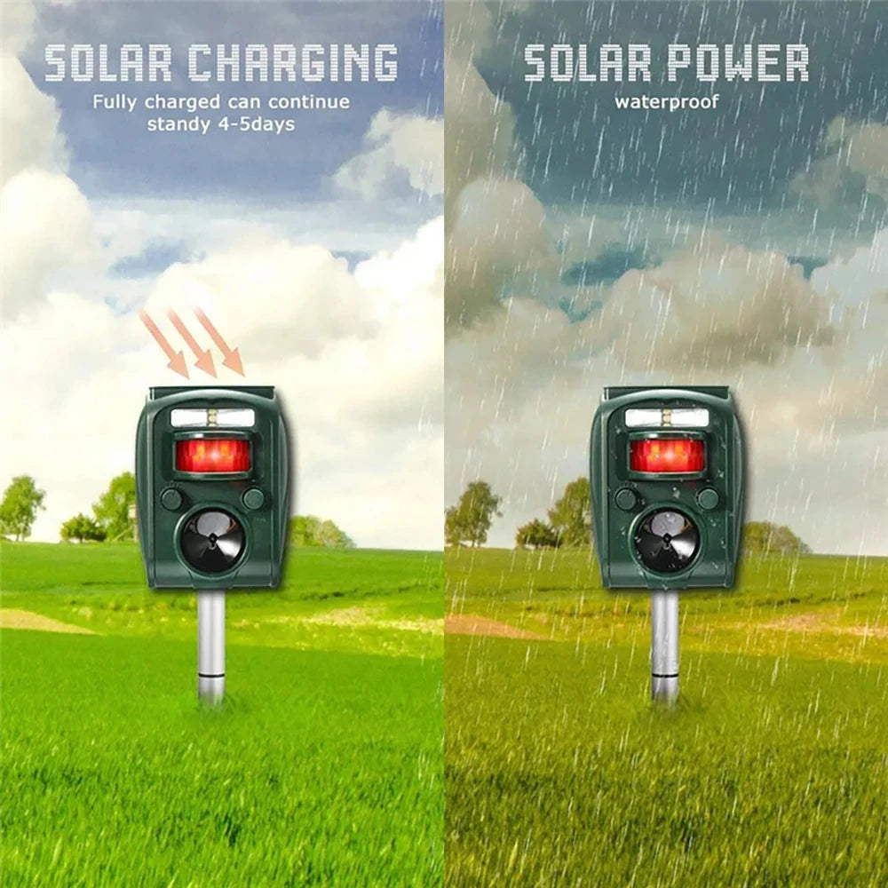 Solar-powered device charging in sunlight and rain with text indicating solar charging and waterproof features.

