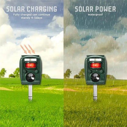 Solar-powered device charging in sunlight and rain with text indicating solar charging and waterproof features.

