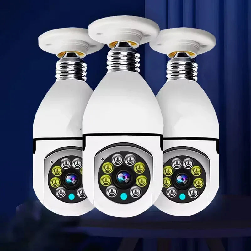 Three white security camera bulbs with LED lights on a dark blue background

