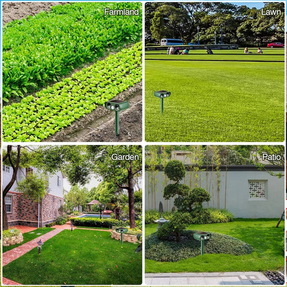 Collage of greenery including farmland, lawn, garden, and patio.

