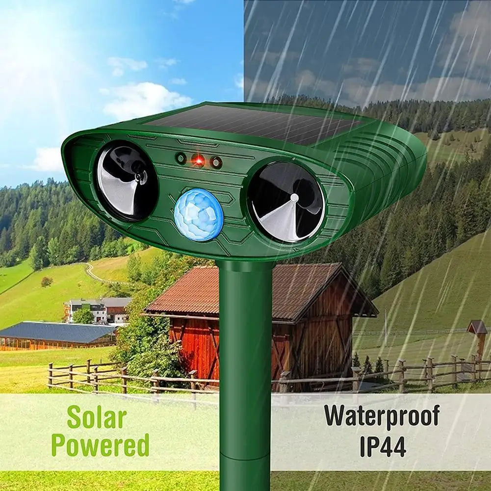 Solar-powered pest control device with outdoor setting

