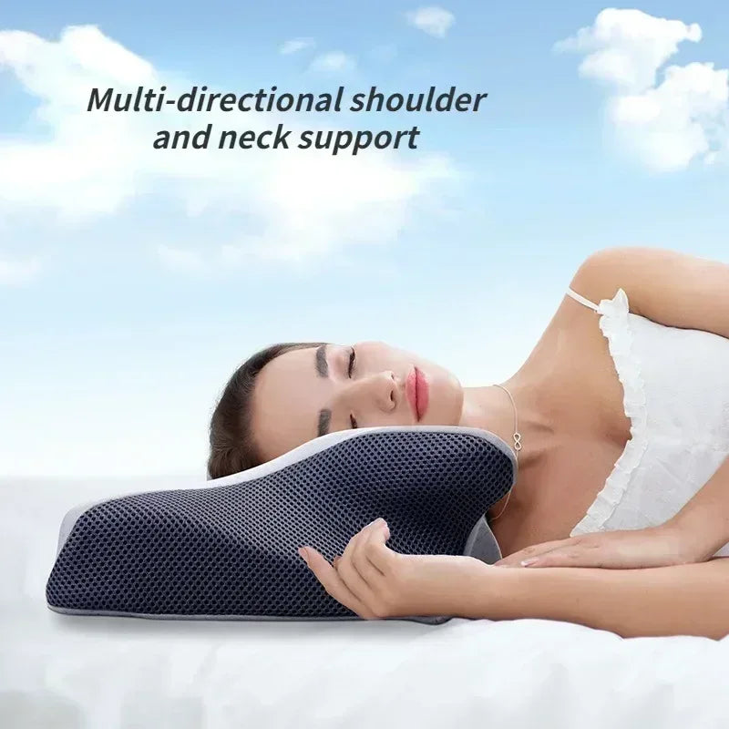 Woman using a neck and shoulder support pillow with a clear sky background


